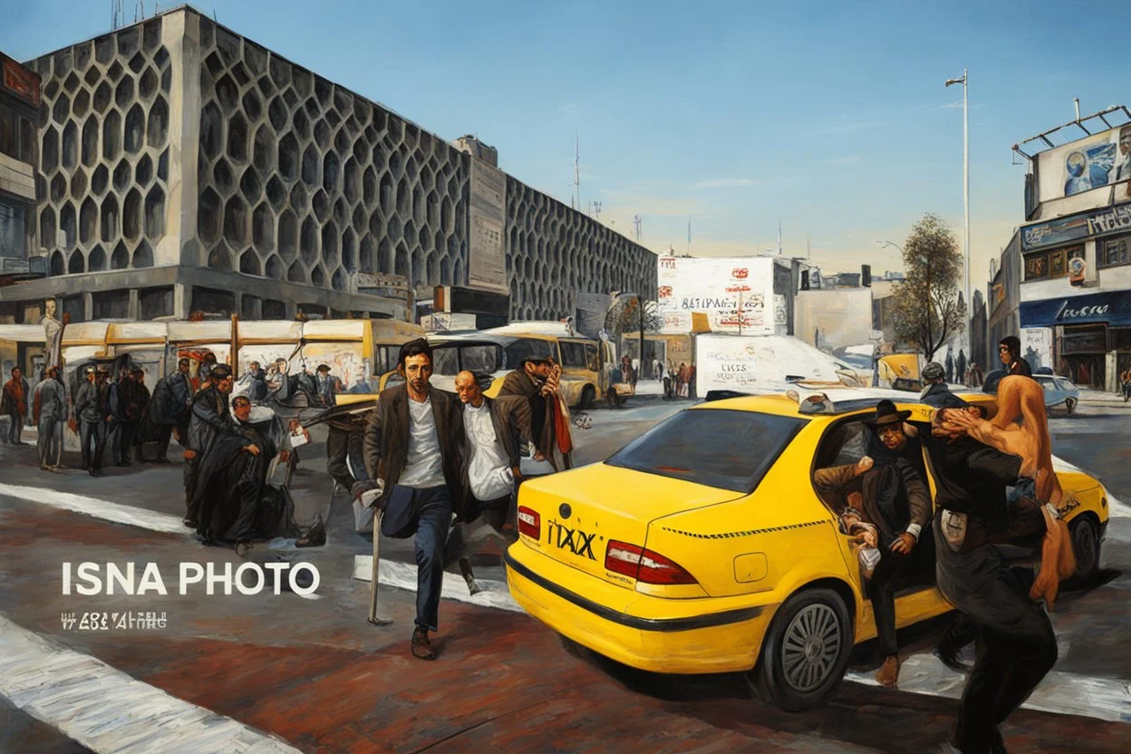 men models in a street in a taxi oil painting