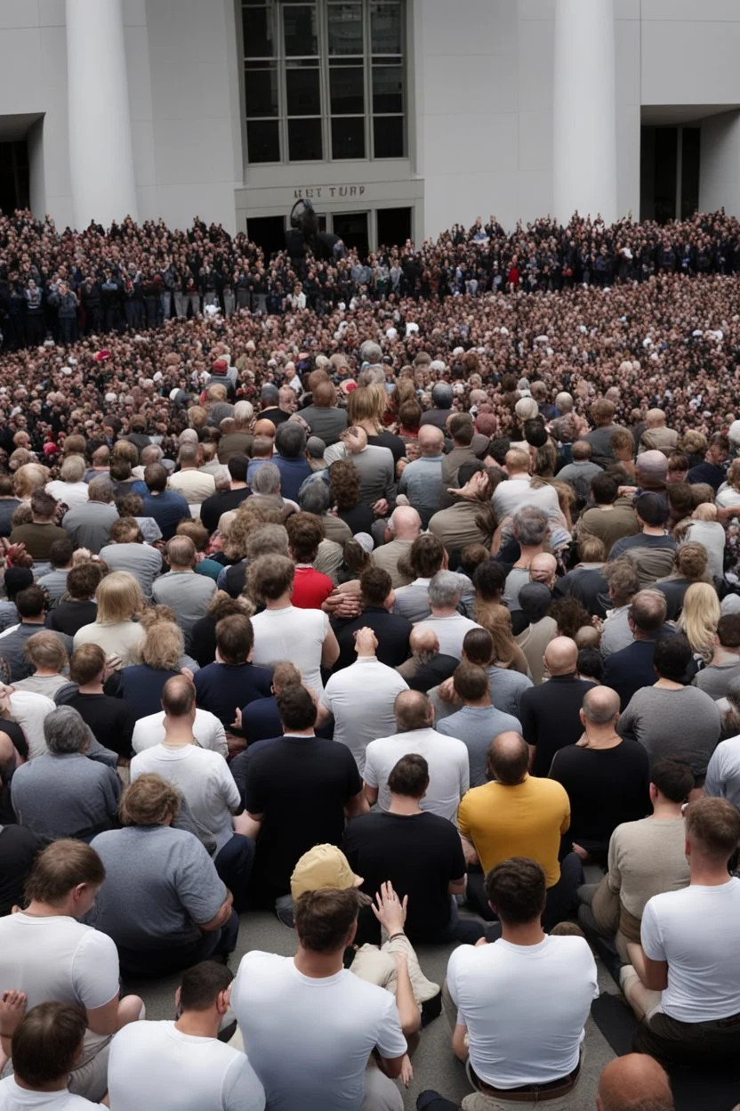 hundreds of people kneeling in front of donald trump