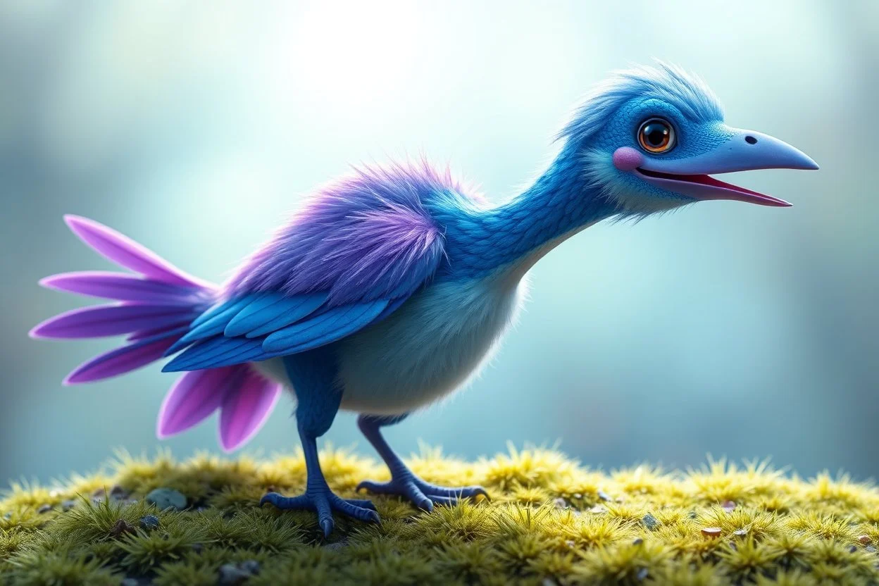 adorable blue and purple bird, elongated like a dino and fluffy like in an dreamlike animation