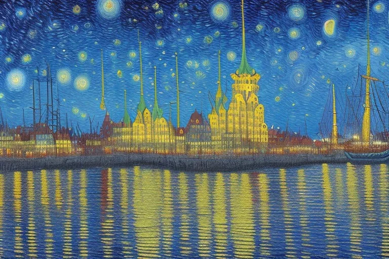 City of Gothenburg on the surface of the moon painted by vincent van gogh