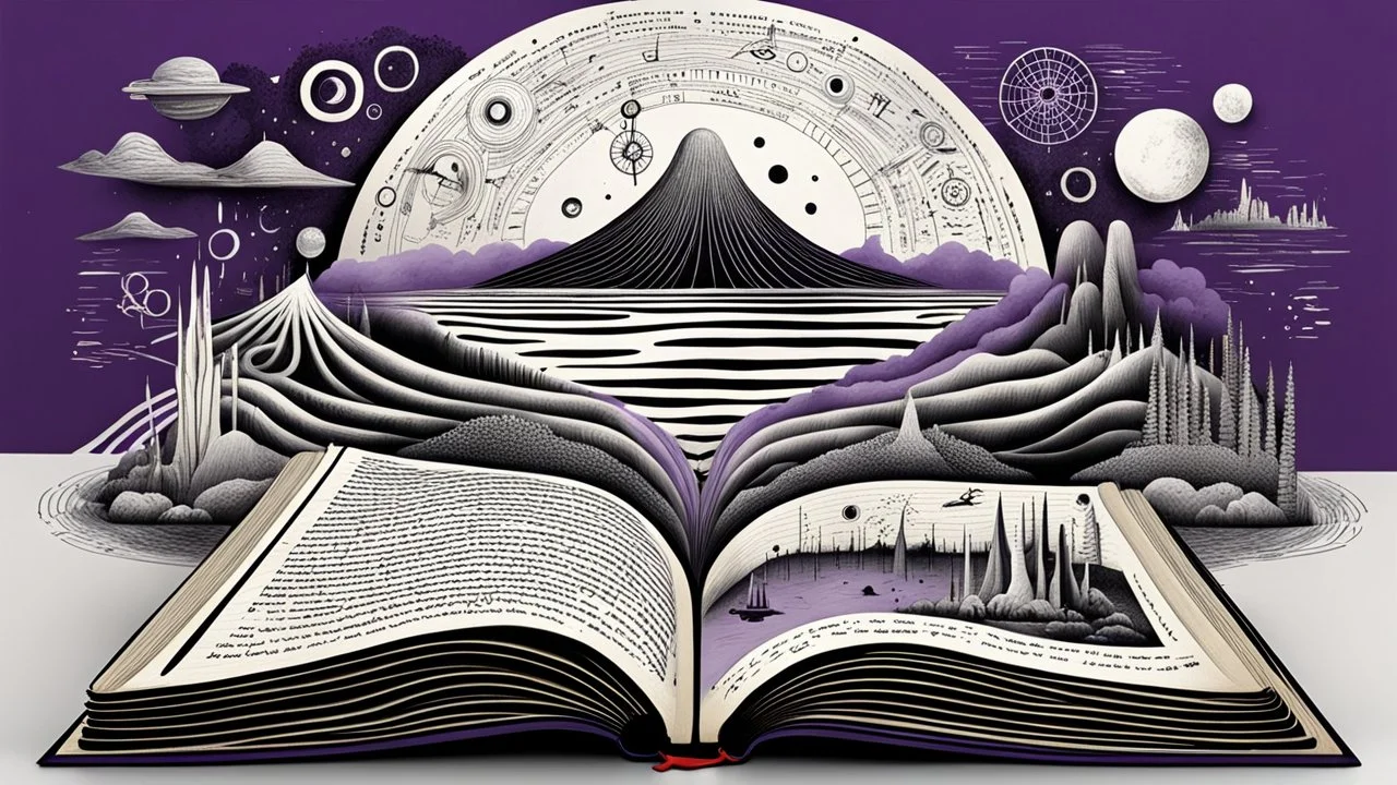 3d, egy kinyitott régi old book, kézírással írva egymás alatti hosszab, és rövidebb sorok, szavak, és listák egymás alatt, de nem olvasható betükkel, human form, circles, lines, compass, around weird whimsical landscape sharp lines, different size fade eyes, hands, building, bookmark, amorph shapes, fog, dark purple, gray, black, white, brown. nightmare style of Chagall , of Minjae Lee, Anton Semenov, Bosch, lonely neurotipical life, fog in background, surreal vibe