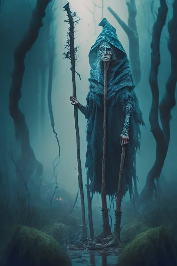 portrait of witch on crutches, prehistoric forest, trending art, 8k, depth of field, volumetric fog