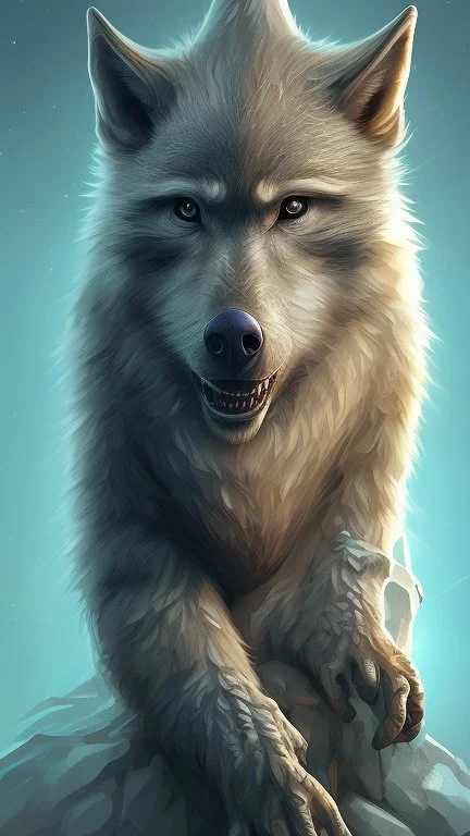 Une créature a l'aspect général d'un primate avec une tête de loup. Son pelage est blanc neige.