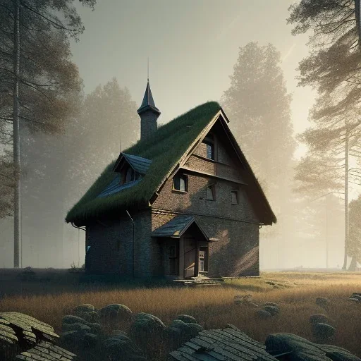 Abandoned attic simple modern concrete house,in the forest, brick walls, highly detailed, hill in the background, two small windows on the front wall, with roof, concept art by Greg Rutkowski