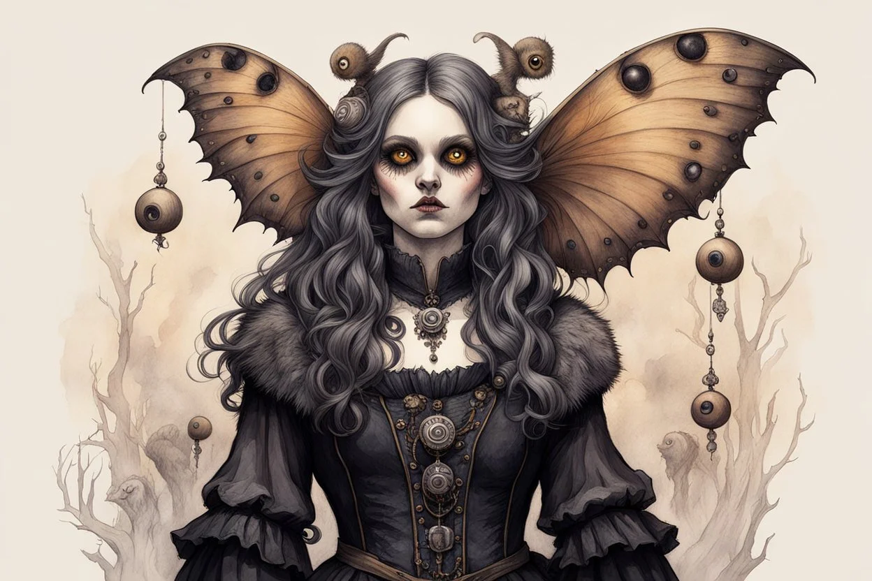 Jean-Baptiste Monge style 19th century hand drawn full body portrait illustration of a walking hybrid Polyphemus moth goth girl, with highly detailed facial features with multi cellular eyes, drawings, 8k, vibrant natural colors,