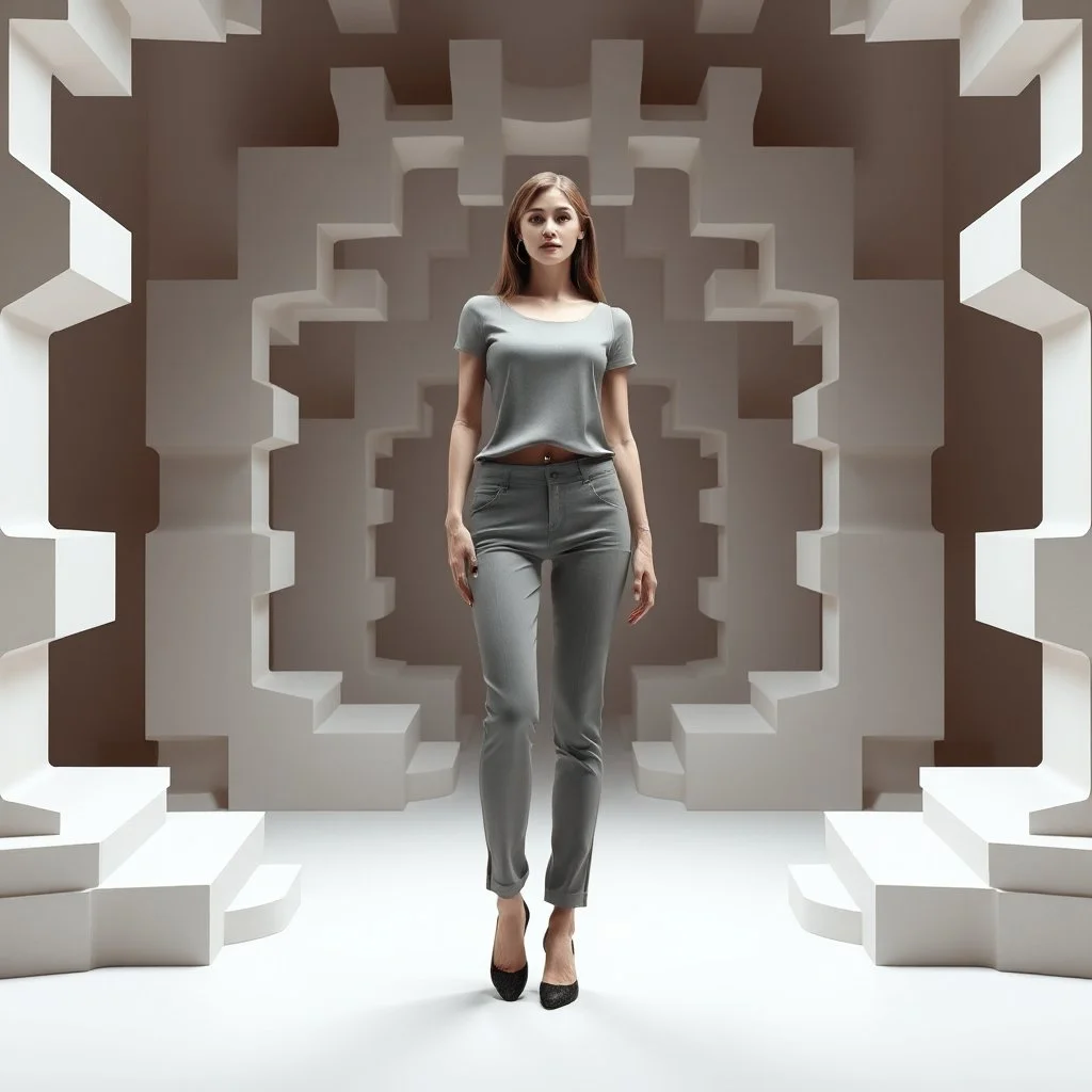 picture of lady with a top and pants style design posing in a 3d recursive structures stage fractal like.