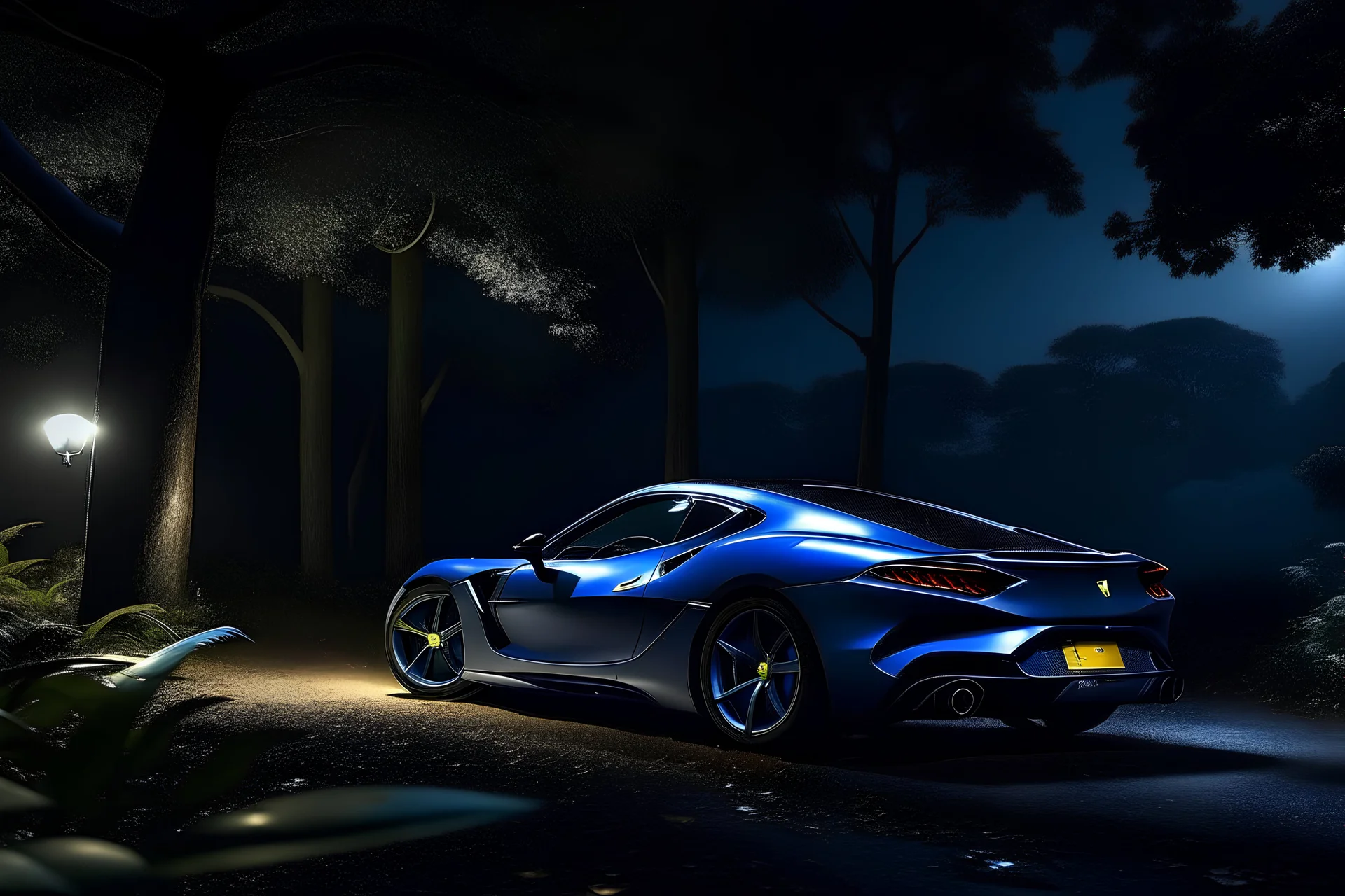 Ferrari 812 Fast, Beautiful gal, moonlight, trees calm ambience..