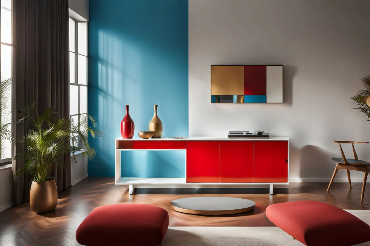 a double Bauhaus balancing in a Bauhaus room; UHD photo, photo-realism, (((great verticals))), (((great parallels))), warm colors of white, red, and sky blue