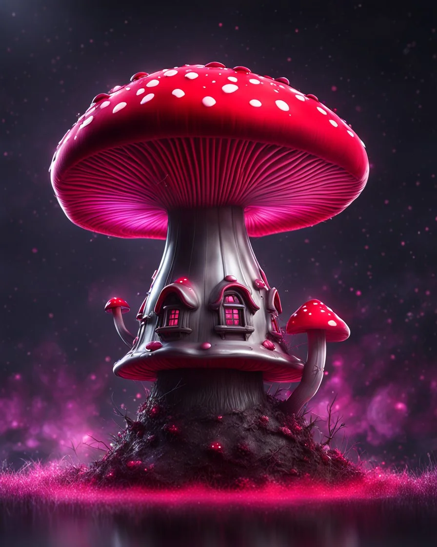 A solitary floating mushroom house on a clear night. silver and red and pink, Dark cosmic interstellar. Detailed Matte Painting, deep color, fantastical, intricate detail, splash screen, hyperdetailed, insane depth, concept art, 8k resolution, trending on Artstation, Unreal Engine 5, color depth, backlit, splash art, dramatic, High Quality Whimsical Fun Imaginative Bubbly, perfect composition