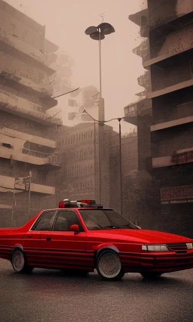 A 1990s car standing in front of a red traffic light, empty street, Cairo, 1990s, night time, rain, winter, movie scene Nick Harris style