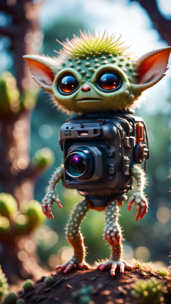 cactus alien gremlin with rocket backpack awesome space camera in giant treetop ,bokeh like f/0.8, tilt-shift lens 8k, high detail, smooth render, down-light, unreal engine, prize winning