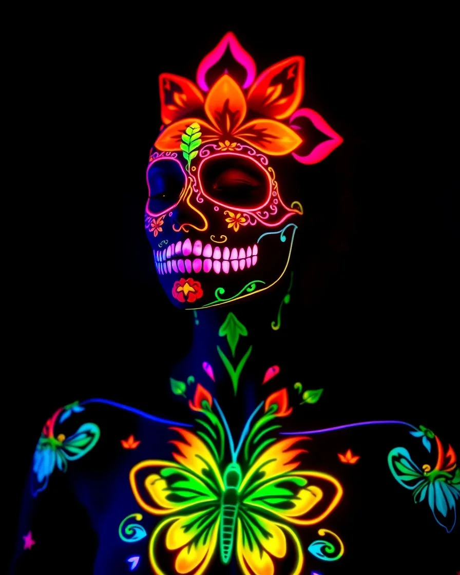 Woman meditation pose face skull painting art and full body all to the feet woman body painting art patterns flower,butterfly, body painting art glowing in the dark vibrant fluorescent neon bright light colors,very hard darkness black room background