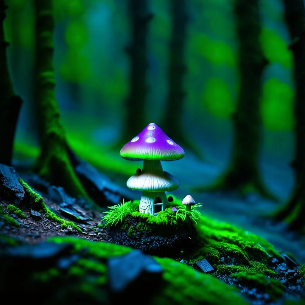 "Close up of a wonderful tiny Mushroom Tower home. green and purple with bright white, deep black and contrasting tones of gray. Illuminated bioluminescent forest. Professional painter, master at composition. small but detailed. broken, blurred background, voluminous lighting"