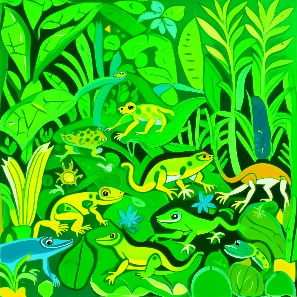 A lime green jungle with poisonous frogs painted by Henri Matisse