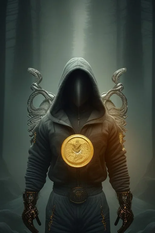 running berserker portrait , no face, black jogging suite , in the night Alps , holding coins , angels background, volumetric gold light, high detail, dark leaf tree, dark mountains in background, perfect, HR Giger style