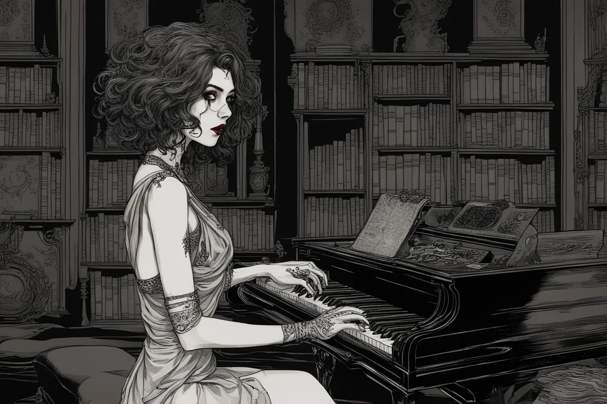 scarred cyberpunk vampire girl with tribal tattoos short curly dark cyberpunk hair playing a grand piano in the library of a decaying gothic mansion at midnight