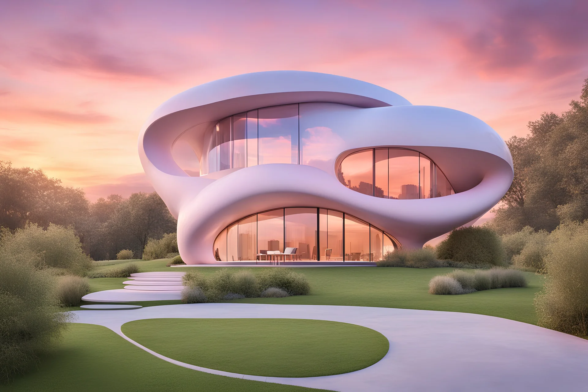 Apple shaped house seamlessly integrated under cloud with pastel hues during sunset, Apple shaped modernist architecture, casting warm sunlight on the structure, emphasizing its sleek design and blending with the natural surroundings, Architectural photography, real photography, photo real