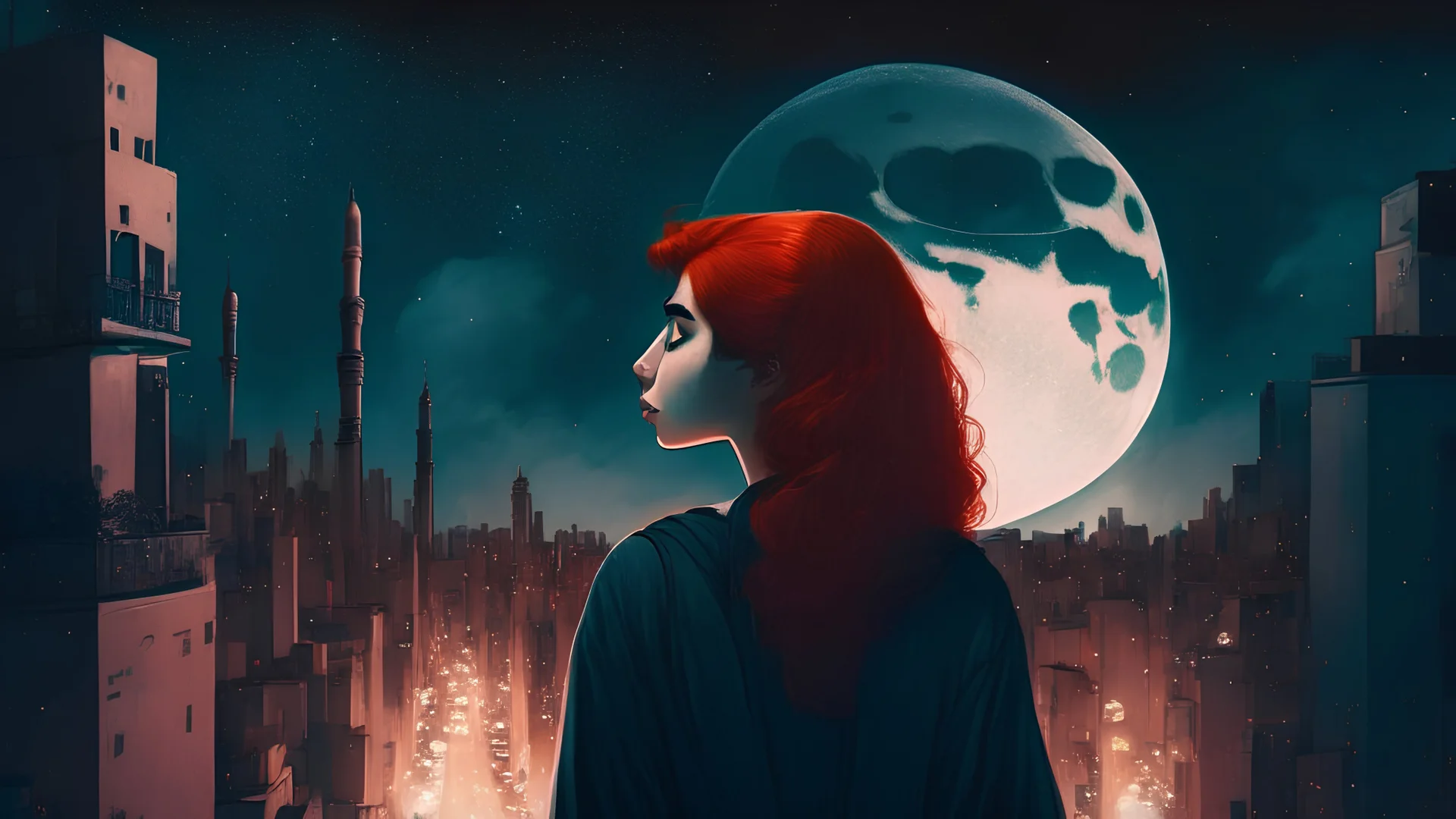 A very large film shot of a young Arab man contemplating looking at the moon in a city full of lights and a singing girl with red hair and a black dress.