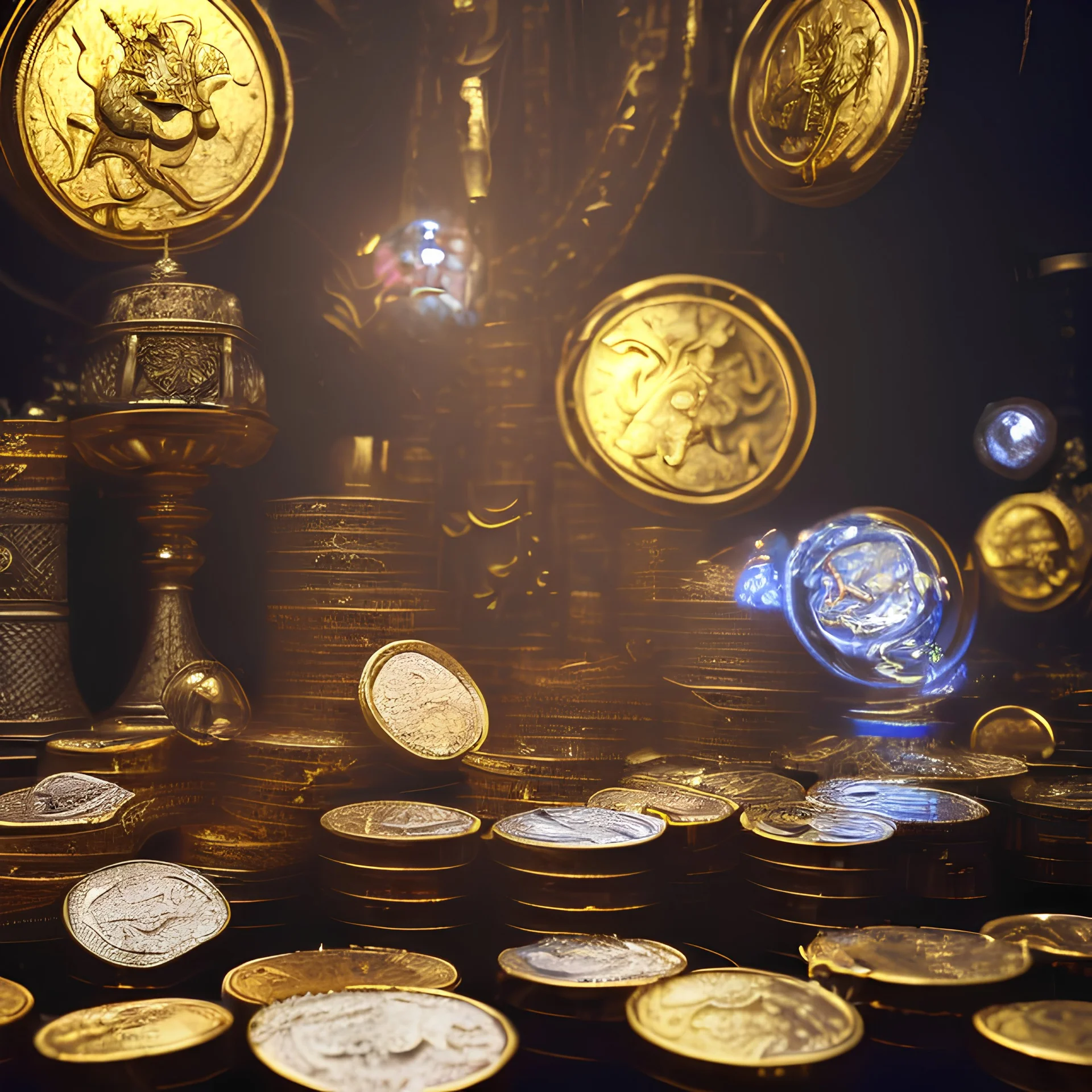 dynamic lighting, Intricately detailed, Splash screen art, deep color, Unreal Engine, volumetric lighting, silver coins, gold coins, silver treasure, stacked coins, indoors, altar, black table, sigil, shiny, crystal, jewelry,