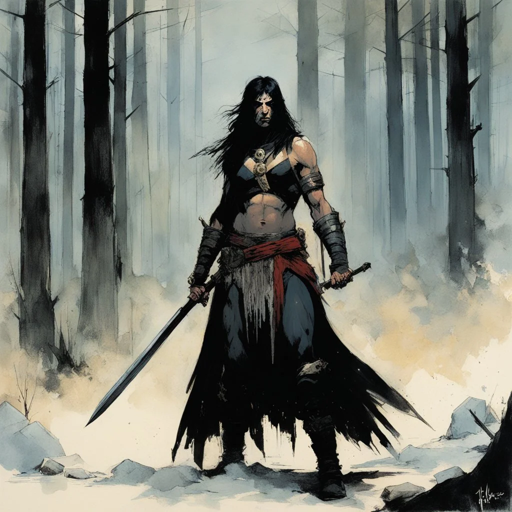 [art by Alex Maleev] THE DEATH DEALER: tribeless barbarian in a large forest that, after the end of the Ice Age, will one day become the Mediterranean sea. When the Mongol-esque Kitzaak Horde invade the forest, various parties try to recruit Gath's aid to defend against them. One of them, the beautiful sorceress Cobra, gives Gath a helmet possessed by the god of death. The helmet gives him godlike power but at the same time tries to break Gath to its will. With the help of the worldly travelling