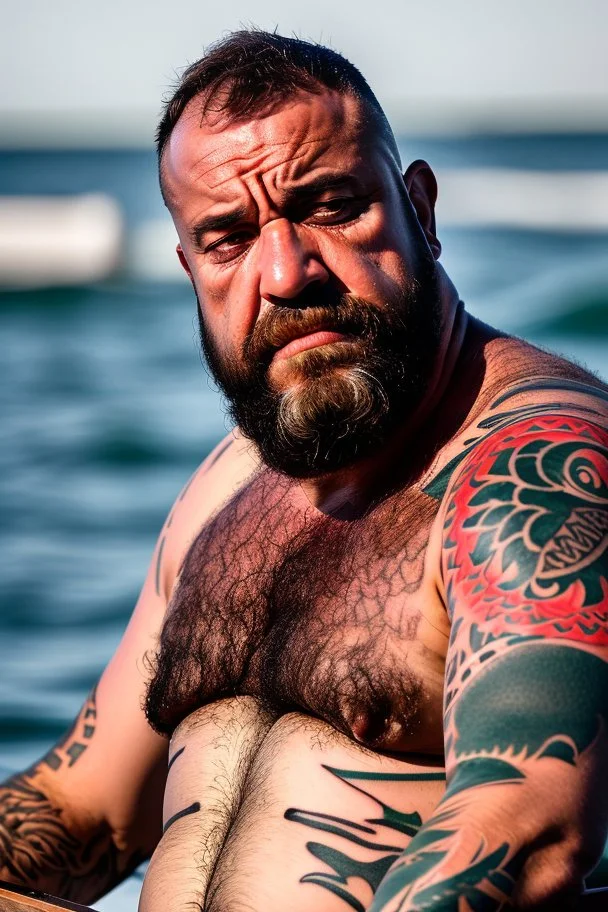 close up photography of an ugly burly chubby turkish fisherman relaxing sunbathing sitted in a small fischer wooden boat , tattoo, ugly, 34 years old, long beard, bullneck, muscular, angry eyes, photorealistic, 35mm lens, Canon EOS, 8k