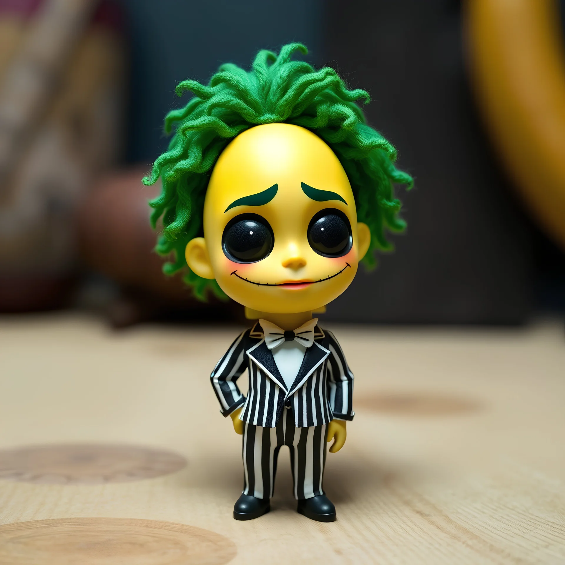 chibi banana body character. made to look like beetlejuice with green curly hair. banana wearing a striped suit