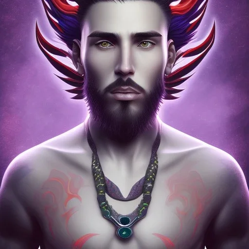 profile picture of man with short black hair with red streaks, with purple dragon horns on top of his head, looking mischievous