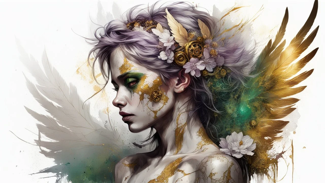 white background, golden Angel, tattoo, feathers, steampunk, fantasy, old canvas, torn cracks, flowers, cyberpunk, gold, silver, green lilac color, mystical, glow, golden makeup, fine drawing, high detail, high resolution, 8K, 3D, Daniel Castan Carne Griffiths Andreas Lee Russ Mills