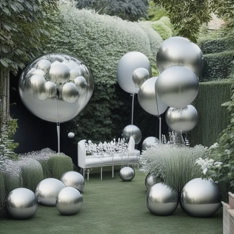 A picture of a modern garden with silver balloons and other party decoration