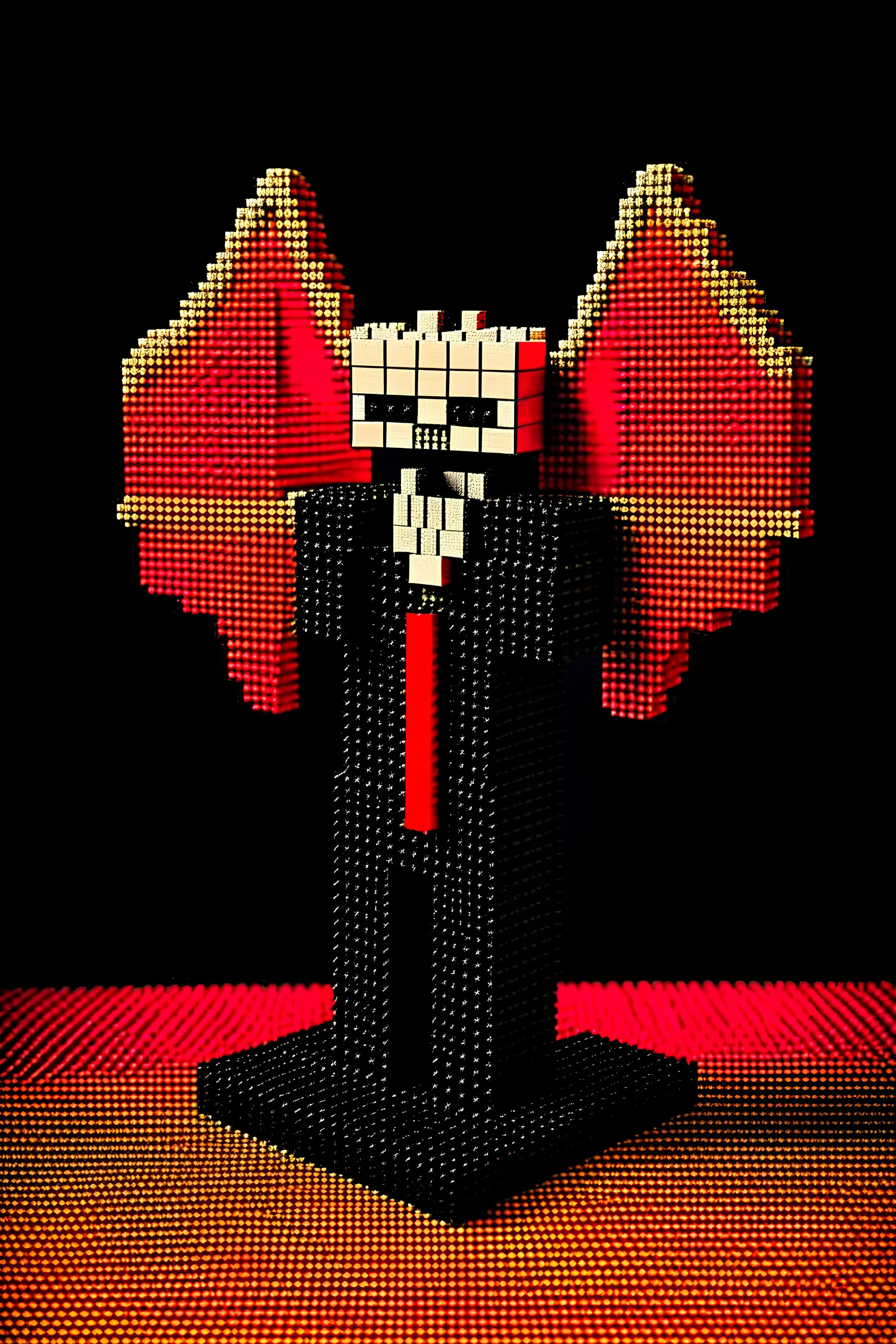 "VoxelVampire": Description: Vampire figure with voxel-style clothing, bat wings with pixelated texture, and a charming yet slightly mysterious expression. Pose: Elegant and confident pose, showcasing the vampire's personality. Accessories: Voxel-style clothing, bat wings with pixelated texture.