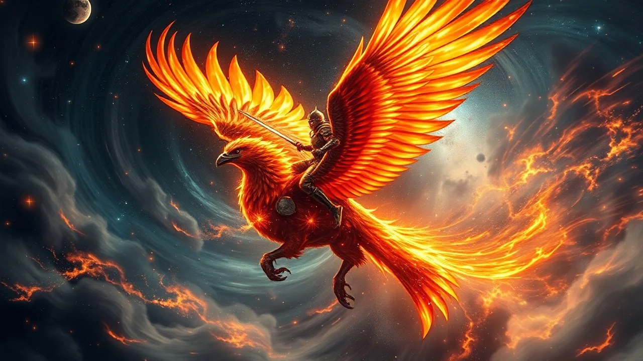 A warrior riding a massive, glowing phoenix through a storm of swirling galaxies, their armor shimmering like starlight. Photographic quality and detail, award-winning image, beautiful composition.