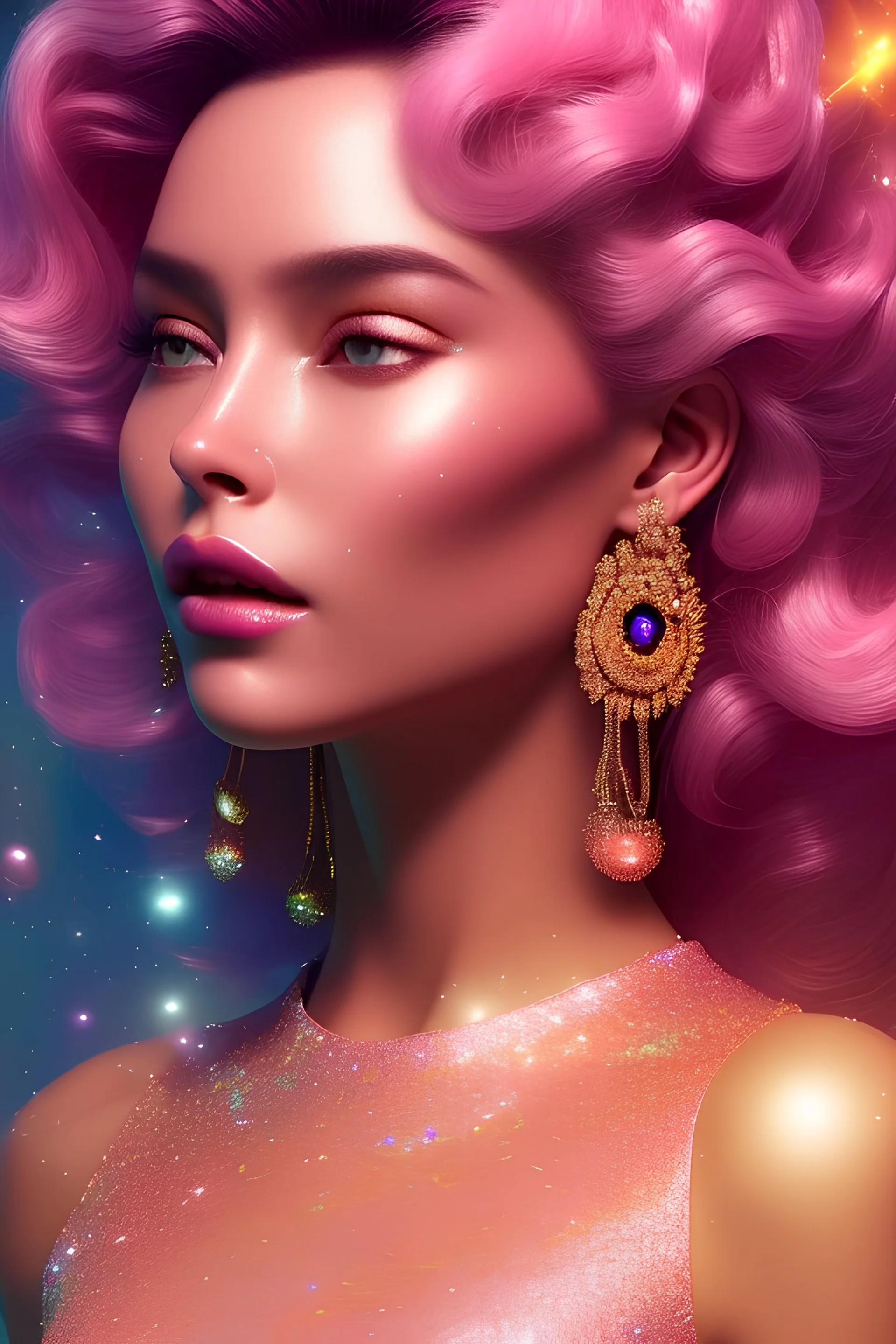 woman glitter pink in a galactic ambiance, delicate colors in the foreground, full of details, smooth, light effect，vaporwave colorful, smooth, extremely sharp detail, finely tuned detail, ultra high definition, 8 k, unreal engine 5, ultra sharp focus