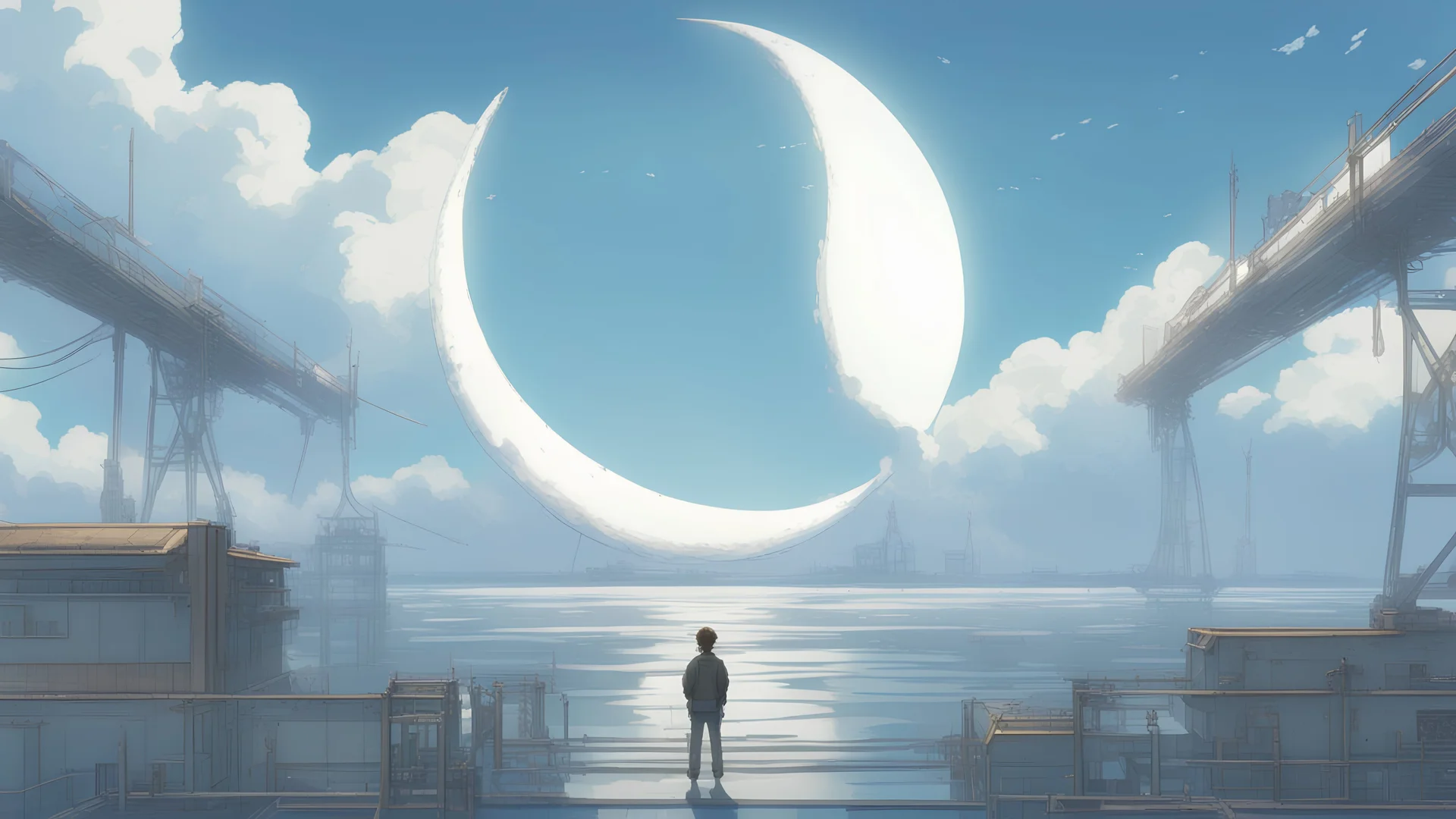 giant half transparent moon, glitchy, blurry, mechanical, sci-fi, maximum quality, centered on frame, far view, seasidel, white sky with cumulonimbus, anime, makoto shinkai style, japanese pier, rusty, decrepit, foggy