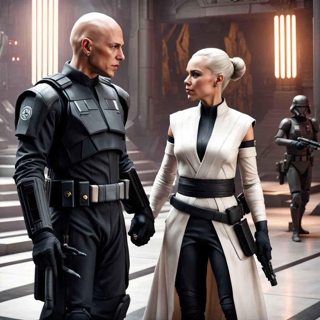 a bold and heroic bald male Corellian pilot in black and grey First Order special forces gear meets a female Jedi Master in ancient, mystical temple, hyperdetailed, dynamic lighting, hyperdetailed background, 8k resolution, volumetric lighting, light skin, fully symmetric details