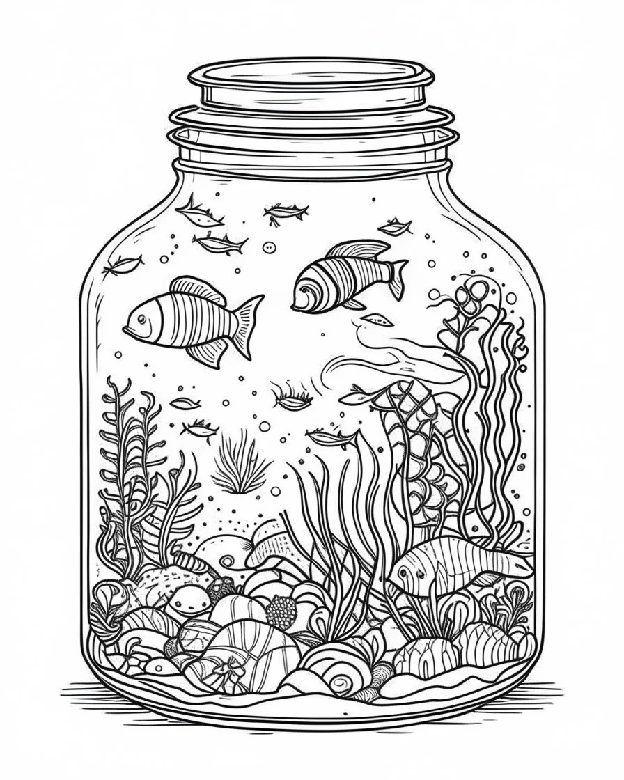 sea life in jar minimalistic, line art, background, vector, svg, coloring book page style, black outline on white background