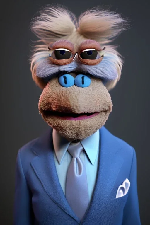 Waist up muppet Portrait, Joe Biden as muppet doll, Blue suit retro style, photo studio, blue background, unreal engine 5, concept art, art station, god lights, ray tracing, RTX, lumen lighting, ultra detail, volumetric lighting, 3d.