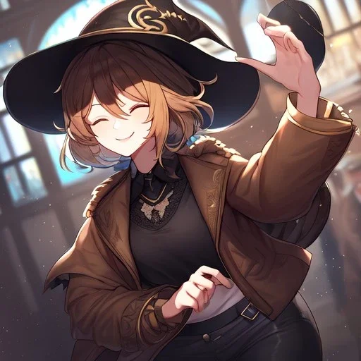 Clear focus, High resolution, short brown spiky hair, hair between eyes, eyes closed, wearing a brown detective hat, wearing a brown jacket and a black shirt, wearing black shorts, 1girl, pulling at down, smiling