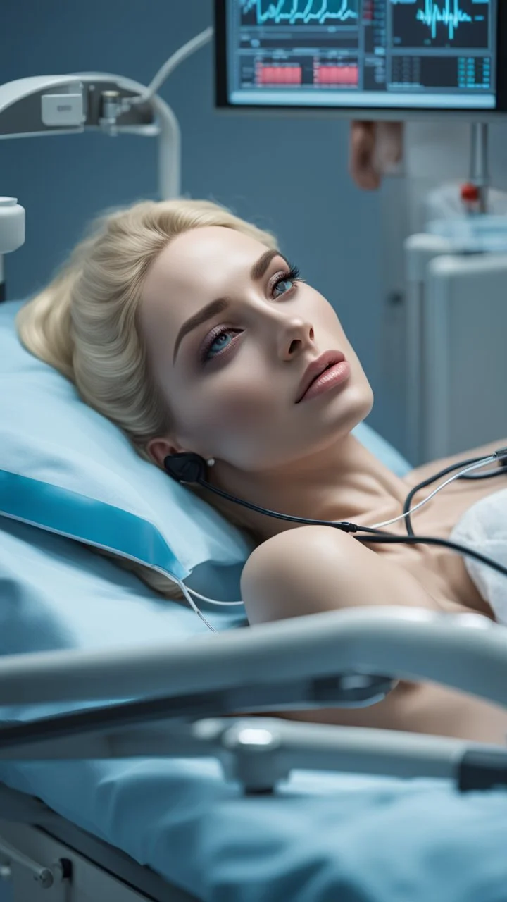 photorealistic hyperdetailed young womanwith blonde hair lying on a hospital bed with a heart monitor and tubes attached