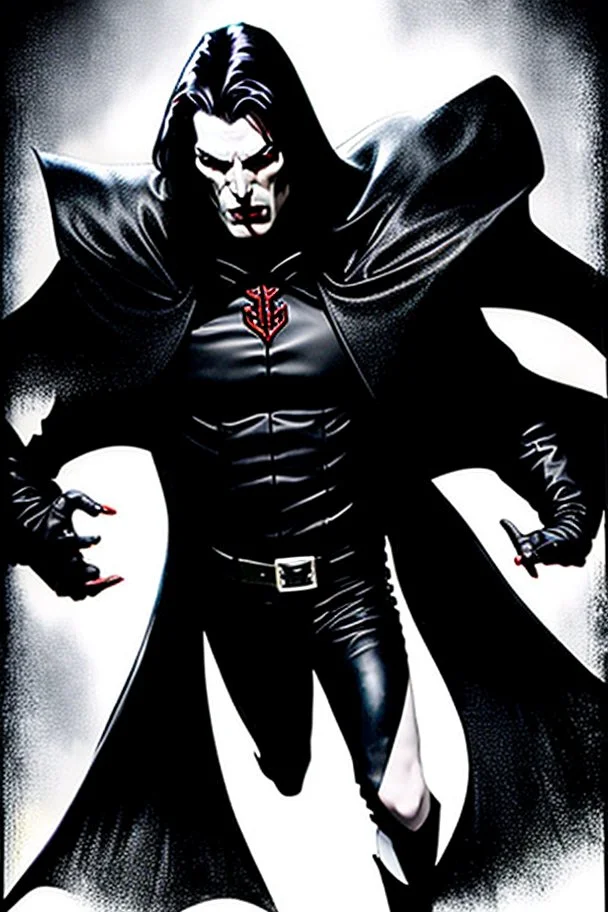 a tall, imposing Vampire, with broad shoulders and massive arms, Long, black hair, a nose that curves down like a vultures beak, a large, square chin with a large impression denting the center of it, extremely pale skin, dark, evil eyes, wearing a black leather jacket and pants with a black high collared leather cape, realistic lighting, Very accurate, full body portrait, eyes looking directly into the camera in dark dramatic lighting, realistic, photorealism, 4k, HD, Ultra-HD,