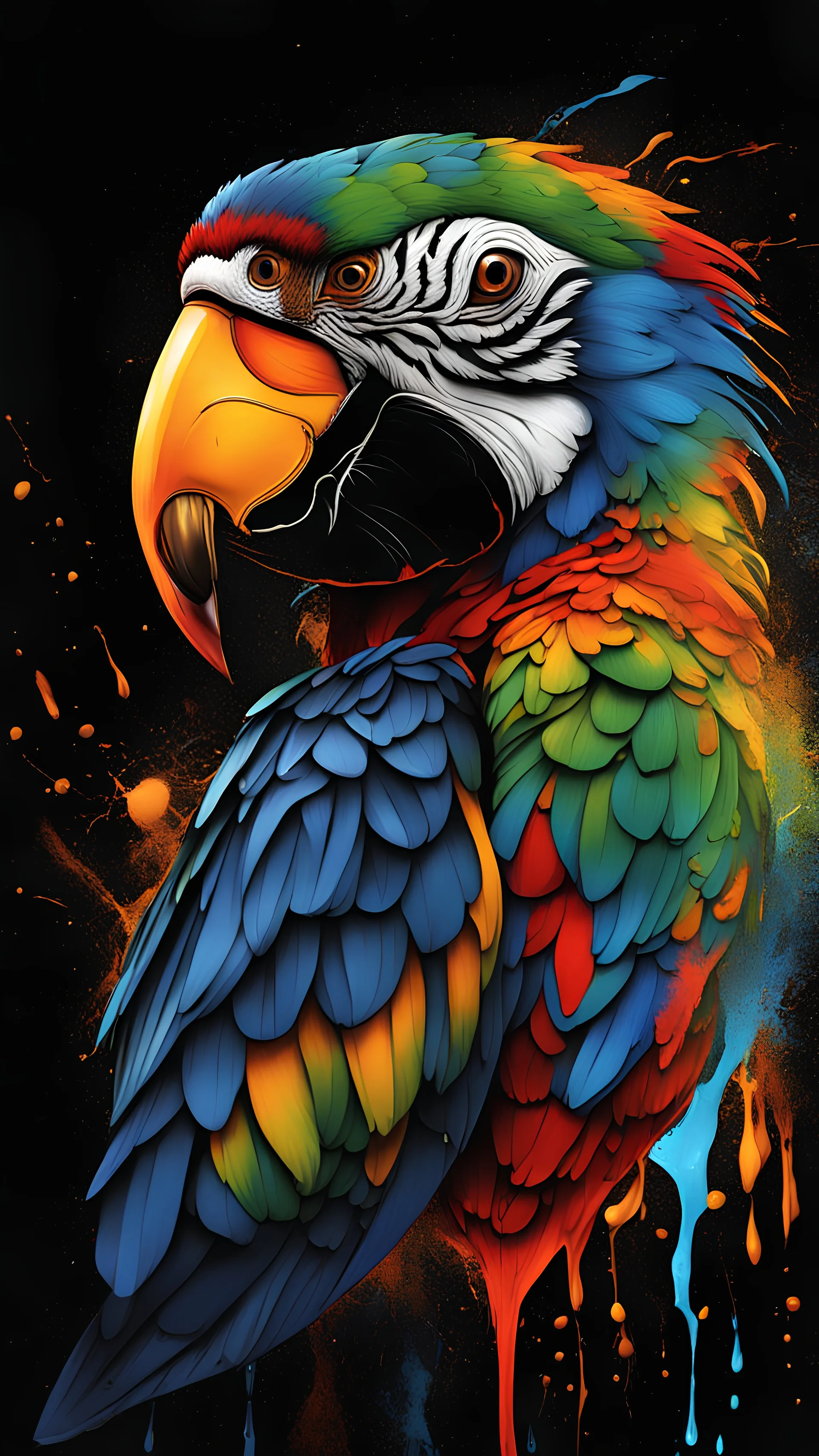 Parrot, Line Art, Black Background, Ultra Detailed Artistic, Detailed Gorgeous Face, Natural Skin, Water Splash, Colour Splash Art, Fire and Ice, Splatter, Black Ink, Liquid Melting, Dreamy, Glowing, Glamour, Glimmer, Shadows, Oil On Canvas, Brush Strokes, Smooth, Ultra High Definition, 8k, Unreal Engine 5, Ultra Sharp Focus, Intricate Artwork Masterpiece, Ominous, Golden Ratio, Highly Detailed, photo, poster, fashion, illustration