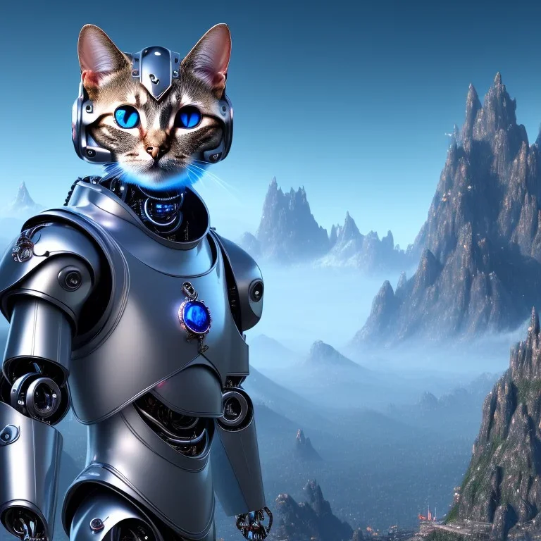 a cat-like robot with blue eyes and cyber elements wearing a medieval armor, mountains in background, high detail, photo, 8k, ray-tracing