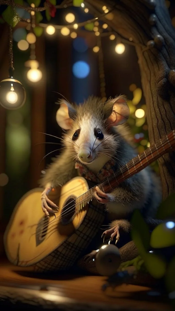 portrait of hairy rock guitar opossum living inside a tree house in a hollow huge tree growing light bulbs,bokeh like f/0.8, tilt-shift lens 8k, high detail, smooth render, down-light, unreal engine, prize winning