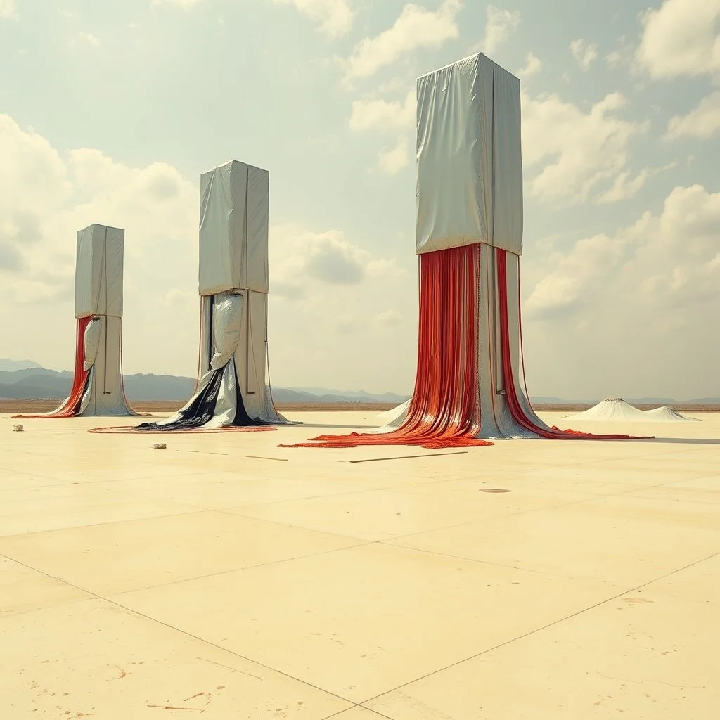 Fotografia di una superficie piatta di colore beige chiaro e giallo pastello, su cui si ergono alcuni gigantesche immense enormi strutture di forma indefinita, fatte di materiali vari, ricoperte da materiale plastico argentato, rosso, e nero, che scende a terra. Salvador Dalí, Max Ernst, Joan Miró, Piet Mondrian, paranoic, obsessive, nightmare, aria aperta, sole, nuvole, glossy, surreal, hasselblad h6d400c --ar 85:128 --v 6.