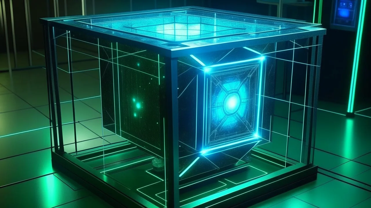 Cube tesseract from movie Loki. Located strictly in the middle of picture with space around it and with navy blue/green glow inside tesseract. Without surface/table on which it stay.