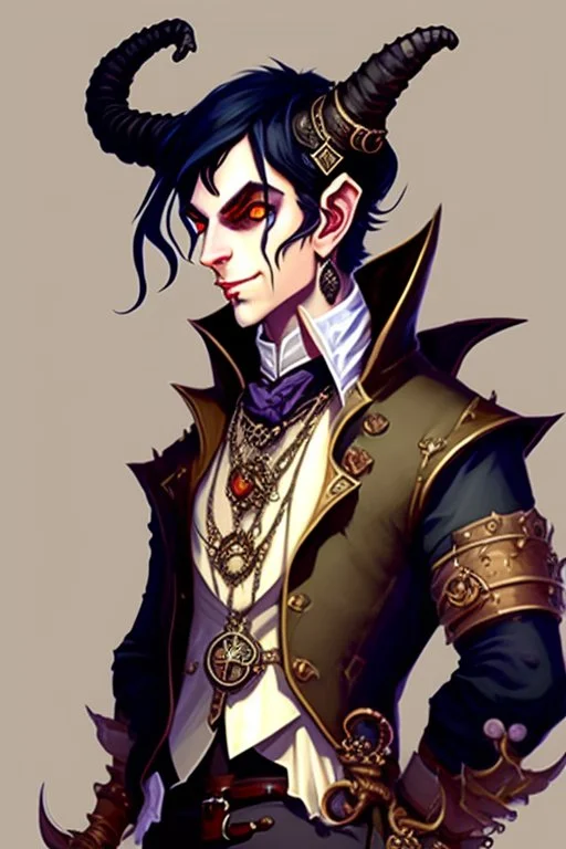 Young tiefling nobleman alchemist with black hair horns and large reptilian tail steampunk jewelry and potion bottles in the style of Charles Addams