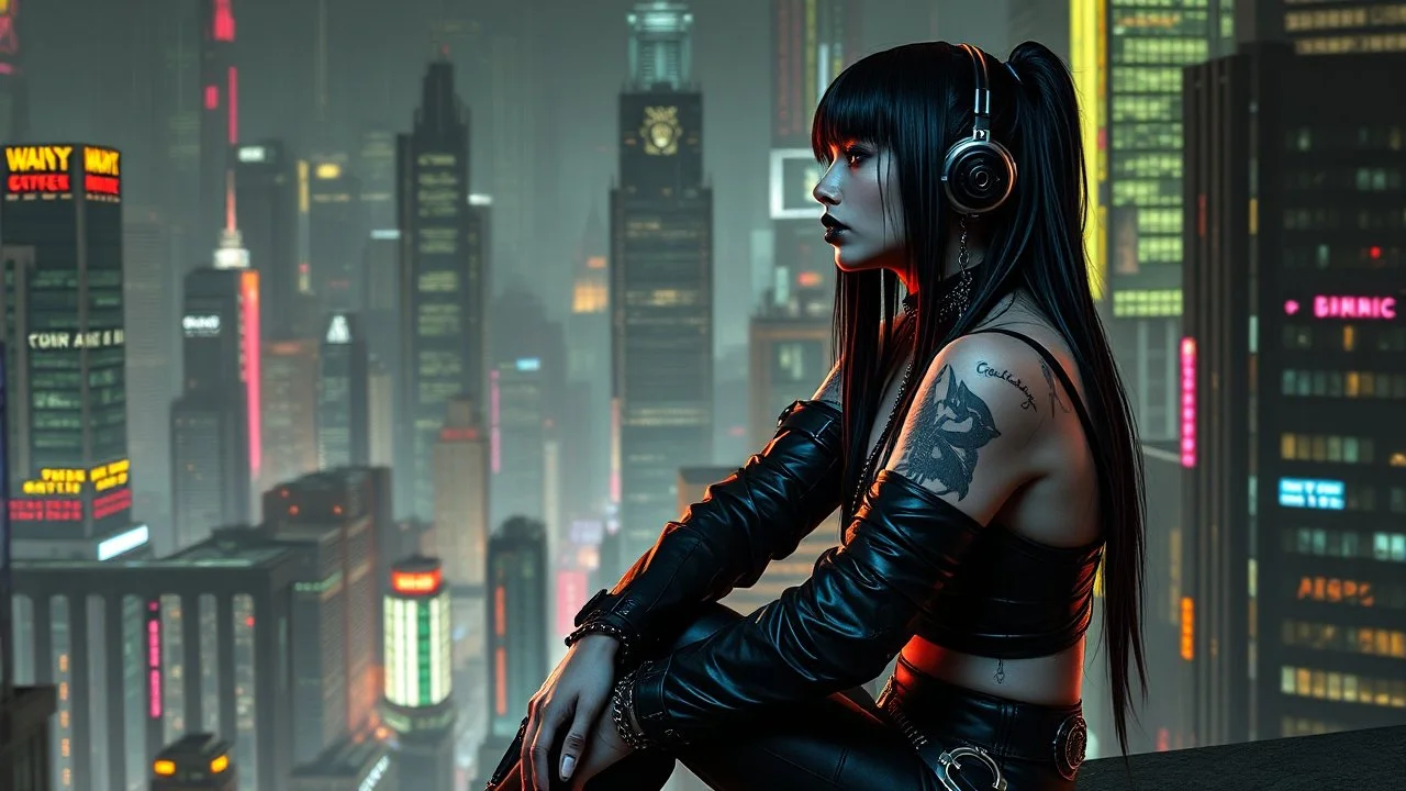 cyber-goth warrior woman in black lips, black cyber-goth clothes sittin on rofftop in matrix city, left profile , utopistic scifi, dark colors, random matrix city background, high detailed, high realistic
