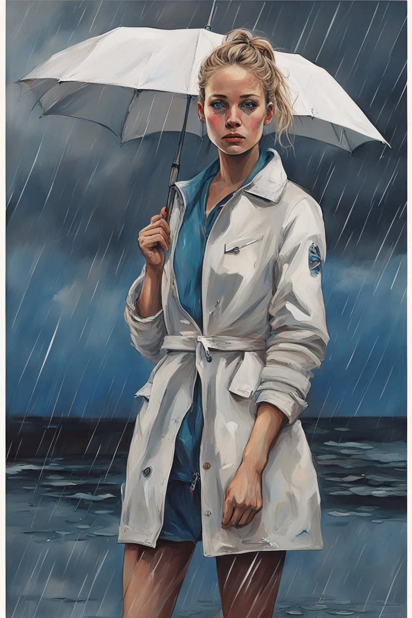 Standing in the grey-north sea with white clothes. Girl with a bun. Rains heavily. You see her face, blues eyes and blond hair. She holds and umberella. Pop-art. Umberella is petrol blue. You see her whole body. The rain paints her jacket blue. The rain under the umbrella is actual blue paint. Paint stains on clothes. You see her whole body standing in the sea. paint paint paint only uder the umbrella.