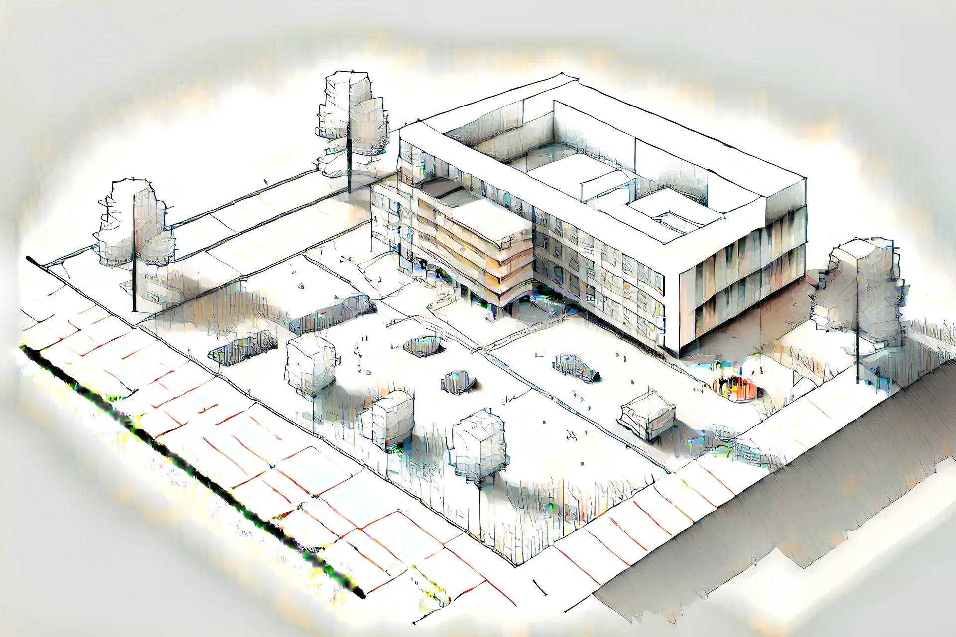 Isometry to sketch of a rectangular college where it is affected by the noise generated by cars on the avenue located opposite it, modern minimalist style