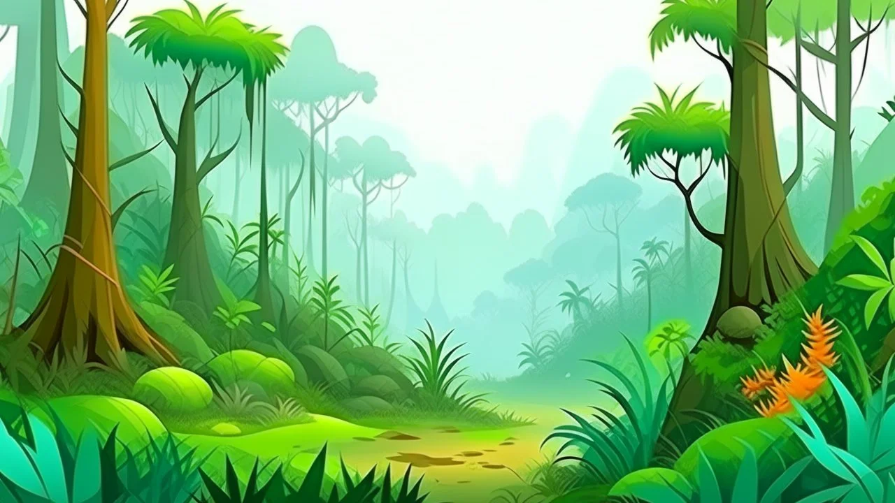 Cartoon illustration for children: Cenozoic misty rainforest, with prehistoric trees and a volcano