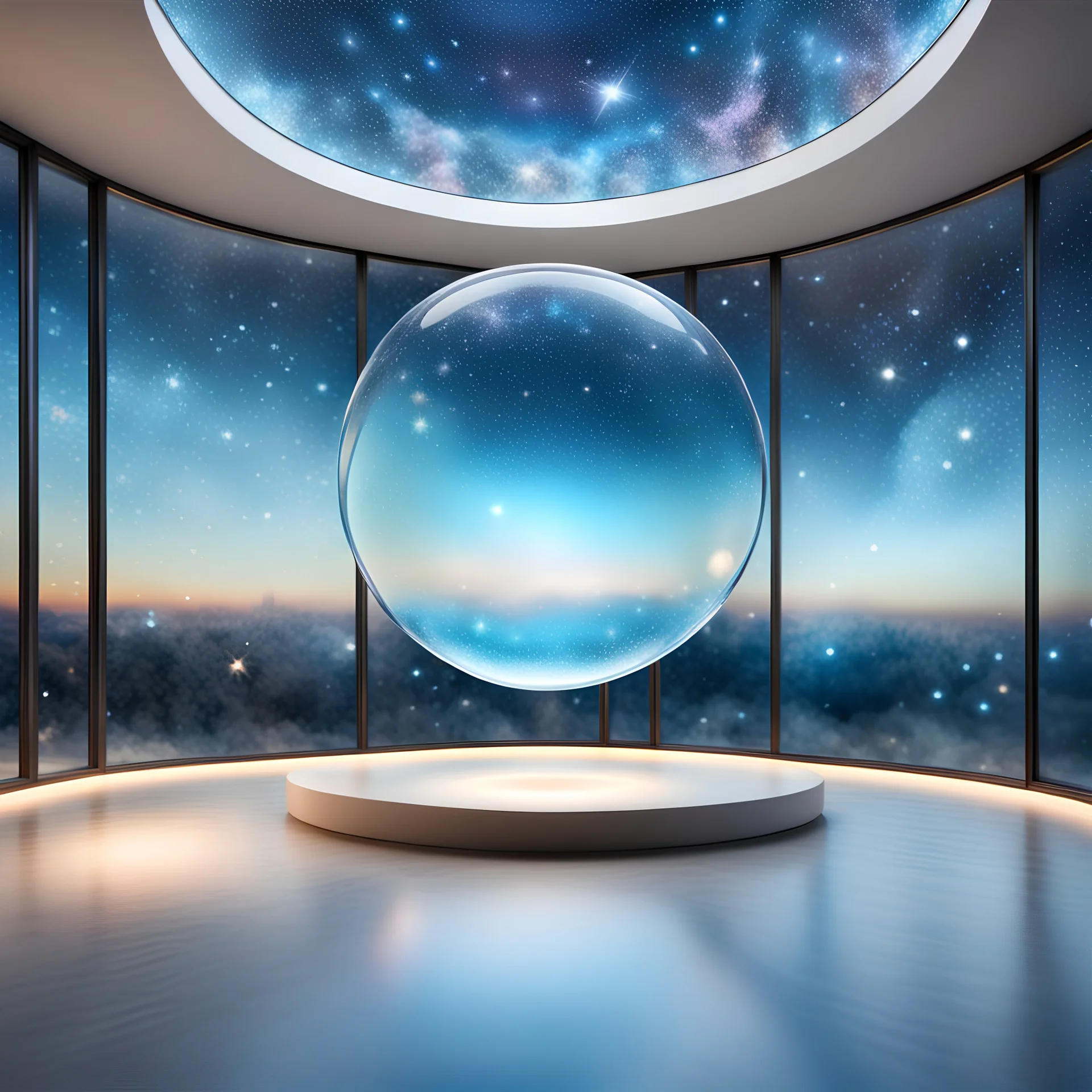 a light bubble,, hyper realistic light blue colors ambience, round room, , ++large Glassroom showcase cosmos view galaxies, stars,s++large Glassroom showcase cosmos view galaxies, stars, ,